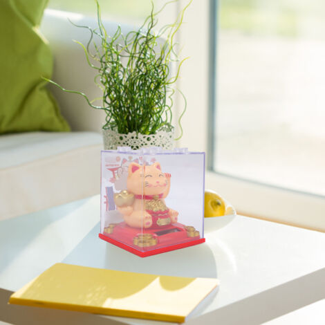 Solar Lucky Cat "Maneki Neko" Japonais Statue Souffle Lumière Solaire Automatique - Modèle ABS, 92mm, Jaune