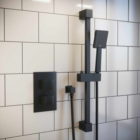 main image of "Solar Matt Black Concealed Shower Mixer Pack - Square 1 Way with Riser Rail"