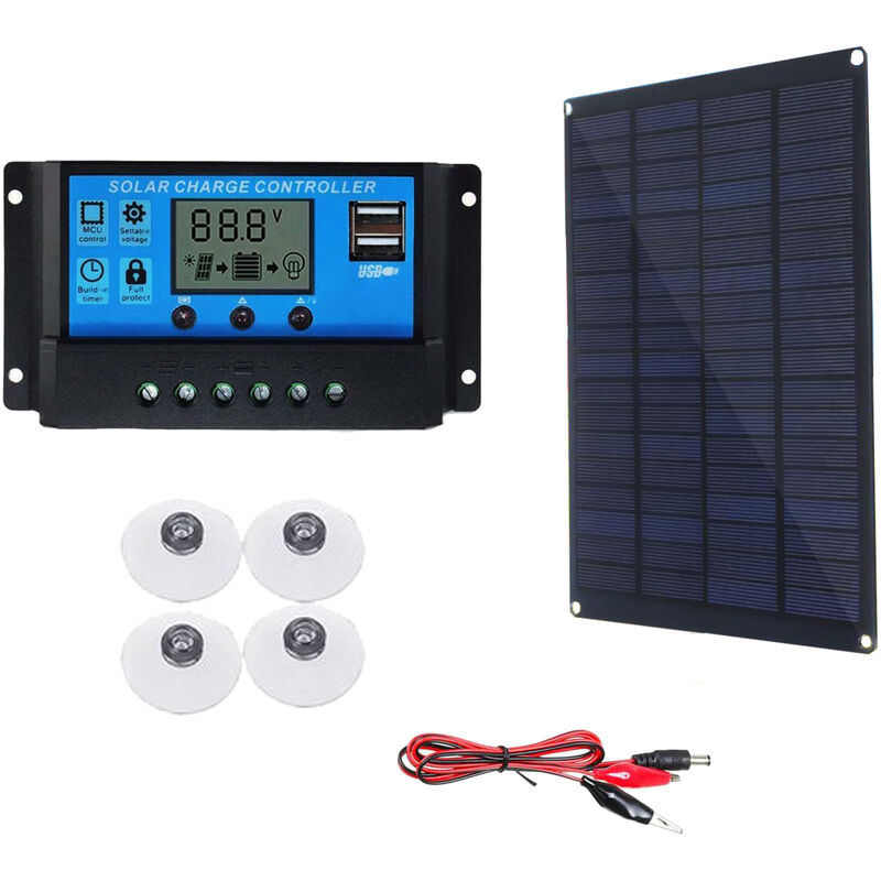 Solar Panel Charger with Battery Clip & Controller Portable Solar Cell with Battery Intelligent Regulator Waterproof Solar Battery Chargers USB Solar
