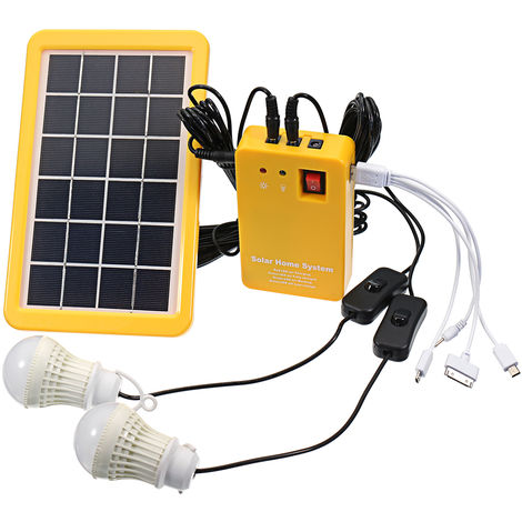 main image of "Solar Panel Lighting Kit, Dc Home Solar System Kit, 4 In 1 Solar Charger With 2 LED Bulbs As Emergency Light And Mobile Phone Charger With Outdoor Garden Generator Power Bank, For Camping"
