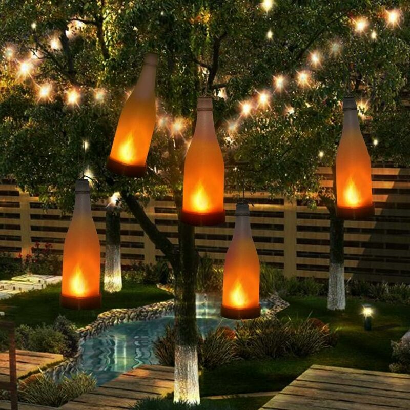 Solar Powered Bottle Light Jar Hanging Lights Dancing Flame Fire Effect Lamp Waterproof for Garden Yard Patio Tree Party Wedding Christmas Decorative