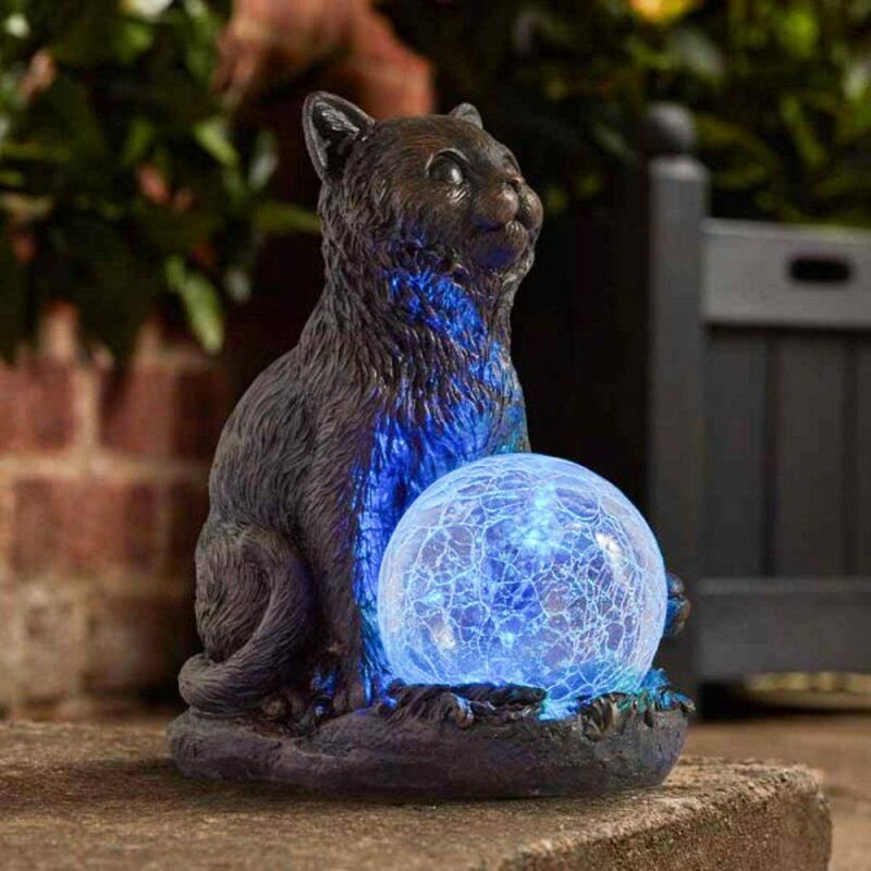 Solar Powered Cat LED Light Statue, Garden or Patio Ornament with Multicoloured Lights (Mystic Cat)
