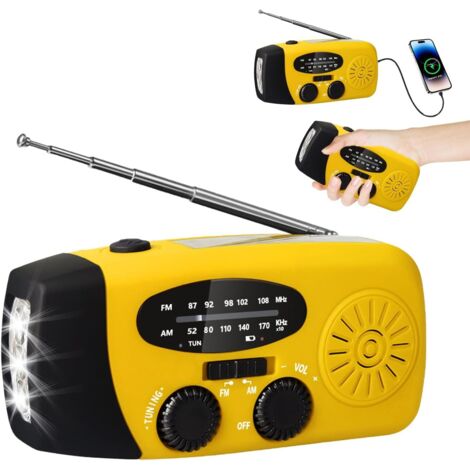 Solar Radio, Survival Hand AM/FM Weather Disaster Prevention Radio With 3 Charging Methods, 2000mAh Rechargeable USB Phone Charger, Jaune citron