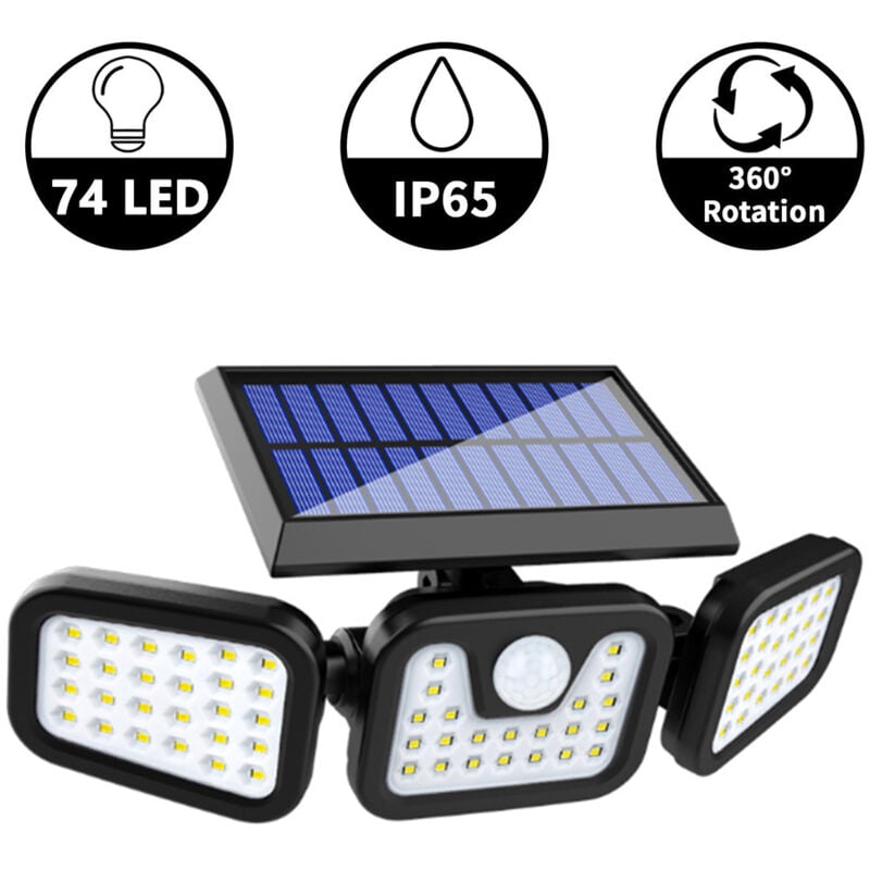 Devenirriche - Solar Security Lights, 3 Head Motion Sensor Lights Adjustable 74LED Flood Lights Outdoor Spotlights 360° Rotatable IP65 Waterproof for