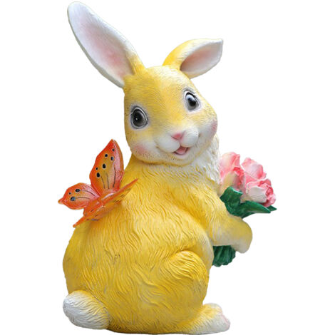 Solar-Stehlampe für den Außenbereich - Hase- und Tulpen-Schmetterlingsfigur (Gelb) aus Kunstharz für Mini-Gartenzoo