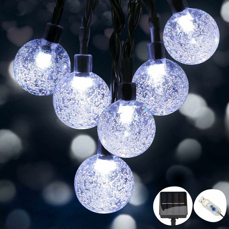 Tinor - Solar String Lights, 9M 50 led Crystal Ball String Lights Outdoor IP65 Waterproof with usb Connector, 8 Light Modes Indoor, Outdoor, Home,
