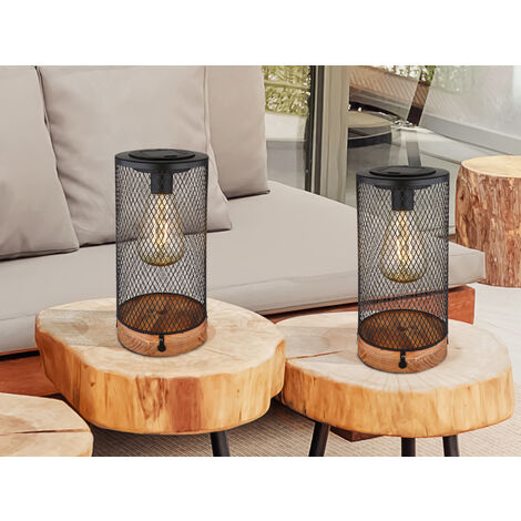 Solar Tischleuchten 2er SET Drahtgeflecht schwarz mit Holzsockel, Höhe 25,5cm