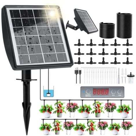 Solar-Tropfbewässerungsset, Tropfbewässerungssystem mit Zeitschaltuhr und 15 m Schlauch, für Garten, Balkon, Rasen, Gemüsetöpfe und Urlaub