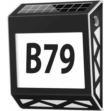 Solarbeleuchtete Hausnummer mit 8 LEDs, Dämmerungsschalter, weißer Edelstahl, IP54 wasserdicht, für den Außenbereich, mit den Ziffern 0–9 und den Buchstaben AE, schwarz
