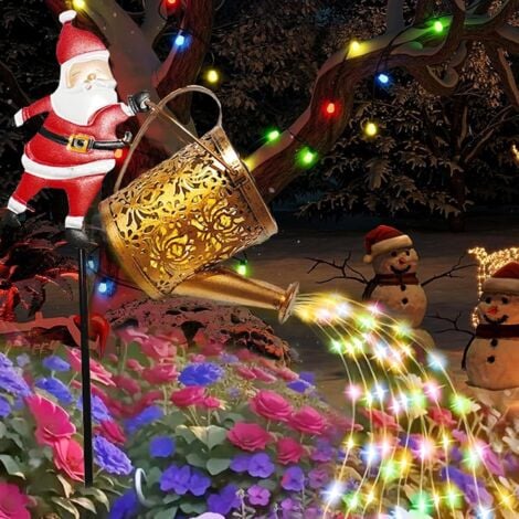 JALLERIA Solarbetriebene, beleuchtete Gießkanne mit Weihnachtsmann-Motiv – Originelle Weihnachtsdekoration mit Springbrunneneffekt, wasserdichte, farbenfrohe LED-Lichterkette für Garten, Hof und Terrasse