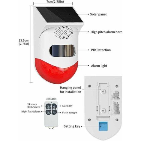 Solarbetriebene Blitzalarmleuchte mit Bewegungsmelder, Außensirene mit Fernbedienung, 120 dB laute Sicherheitssirene, Schutzart IP67 (wasserdicht) und 4 Modi für den Einsatz zu Hause und auf dem Bauer