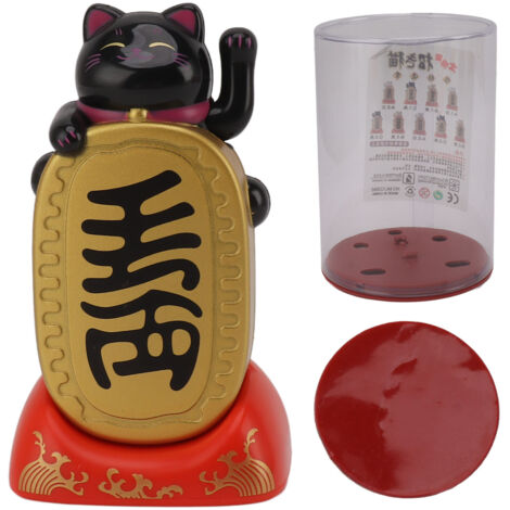 Solarbetriebene Glückskatzenfigur – beweglicher Arm, Feng-Shui-Dekoration, schwarze Maneki-Neko-Katze, solarbetrieben