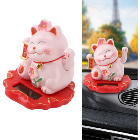 Solarbetriebene Katzenfigur „Glückskatze“ aus rosa ABS – Lichtaktivierung