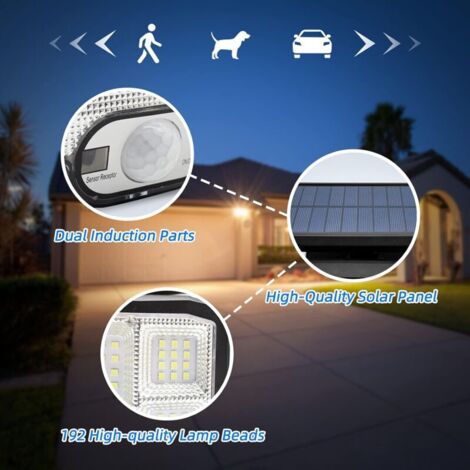 Solarbetriebene LED-Wandleuchte mit 3 Leuchtenköpfen, 192 LEDs, Bewegungsmelder, Sicherheitsfluter, IP65 wasserdicht, solarbetrieben [Energieklasse A+++]