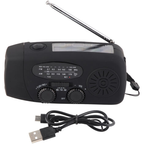 Solarbetriebenes und handkurbelbetriebenes Überlebensradio mit LED-Lampe, FM/AM-Empfang, USB-Anschluss, tragbar für Notfälle und Wanderungen.