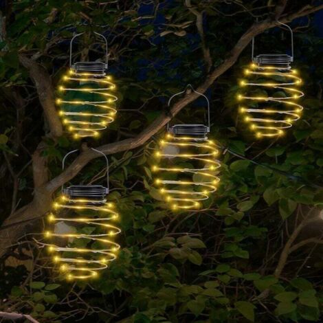 Solarlampe, 4er-Set spiralförmige Solar-Hängeleuchten, Laternen aus Eisenkunst, wasserdichte LED-Gartenhängelampe