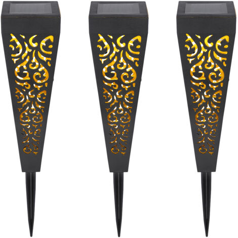 Solarlampen 3er Set mit Erdspieß, Dekostanzungen Schwarz Gold, H.33cm