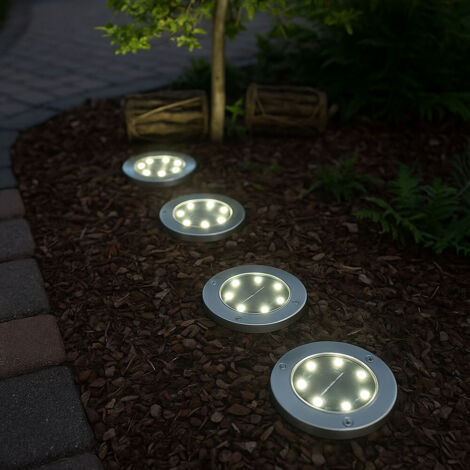 Solarlampen Außenleuchte Spot Erdspieß Edelstahl wetterfest Weg Boden Leuchten, Edelstahl, 8x LED, DxH 13x11,8 cm, 4er Set