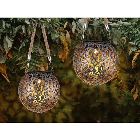 Solarlaternen 2er SET Hängeleuchten mit Seil, Solarkugeln Silber Antik Ø12cm