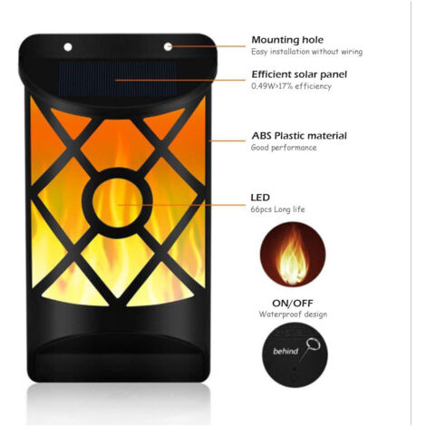 Solarleuchte für den Außenbereich mit blinkenden Flammen, Lichtsensor, Rankgitter-Design, 66 LEDs, wasserdicht für Garten, Terrasse und Hof
