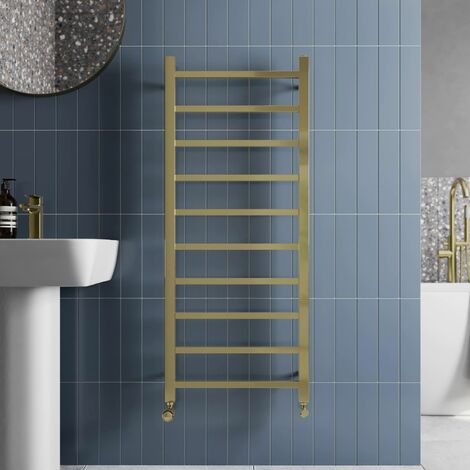 Solaro Brushed Brass Heated Towel Rail Square Bar Bathroom Radiator Ladder Wall Mounted 1200 x 500mm