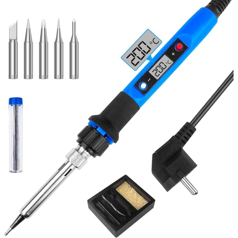 Soldador de estaño de precisión, kit de soldadura de 80 W, temperatura ajustable de 180 a 480 °C visible, 5 puntas de repuesto y soporte para