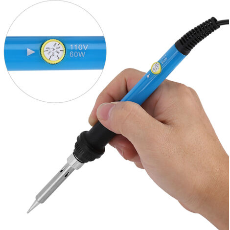 Soldador eléctrico de 60 W de potencia y temperatura regulable de 200 a 450 °C para trabajos de precisión. Paquete de 1 unidad con mango aislado en color azul o gris.
