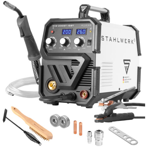 Máquina de soldar STAHLWERK MIG 200 ST IGBT - máquina de soldar MIG MAG con gas de protección y 200 Amperio, función MMA, adecuada para FLUX, 7 años de garantía *
