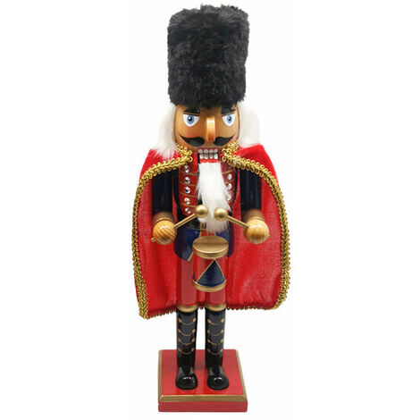 Soldato Schiaccianoci Natalizio H38 cm in Legno con Mantello e Tamburo Rosso e Blu