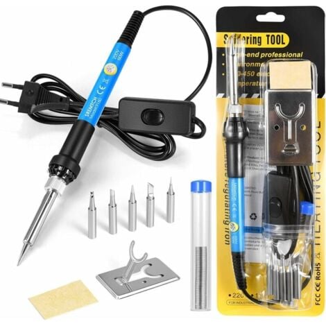 Soldering Iron [Upgraded] Precision Tin Soldering Iron with ON/OFF Switch, Adjustable Temperature 200450℃, 9 in 1 Kit, 5 Soldering Iron Tips, Soldering Wire, Soldering Iron Stand