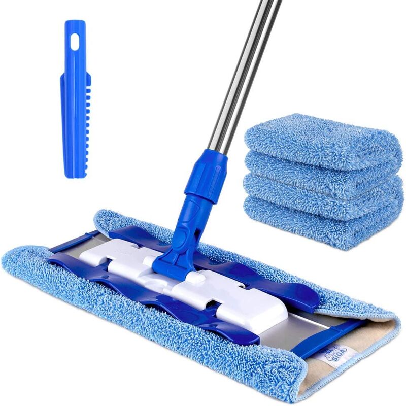 Soldes Balai à Plat Professionnel avec Manche INOX, Lavette Microfibre. Fourni avec 3 lavettes Microfibre réutilisables et Un Peigne de Nettoyage du