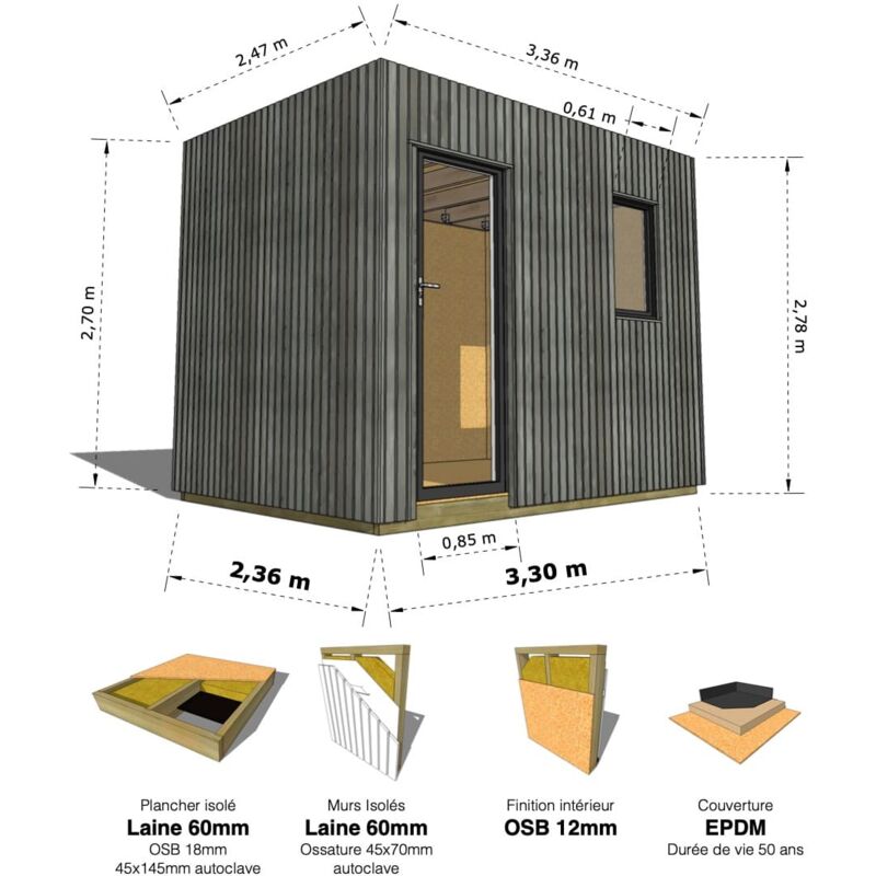 Abri Français - studio francais surface : 7,8 m2 - 3,3 x 2,37m Livraison Gratuite