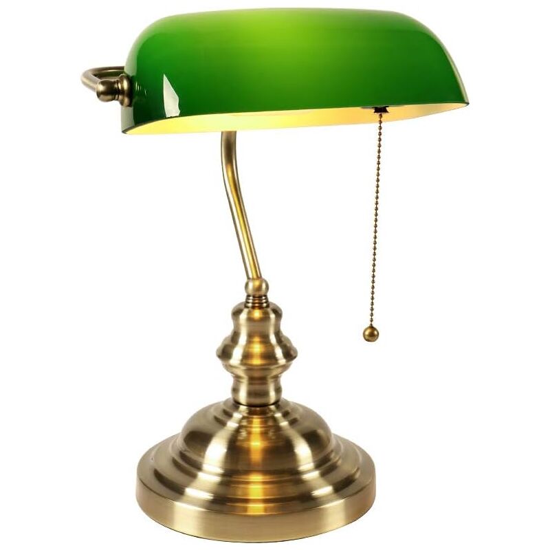 Soldes Lampe de bureau de banquier en verre avec interrupteur à chaîne (Vert)