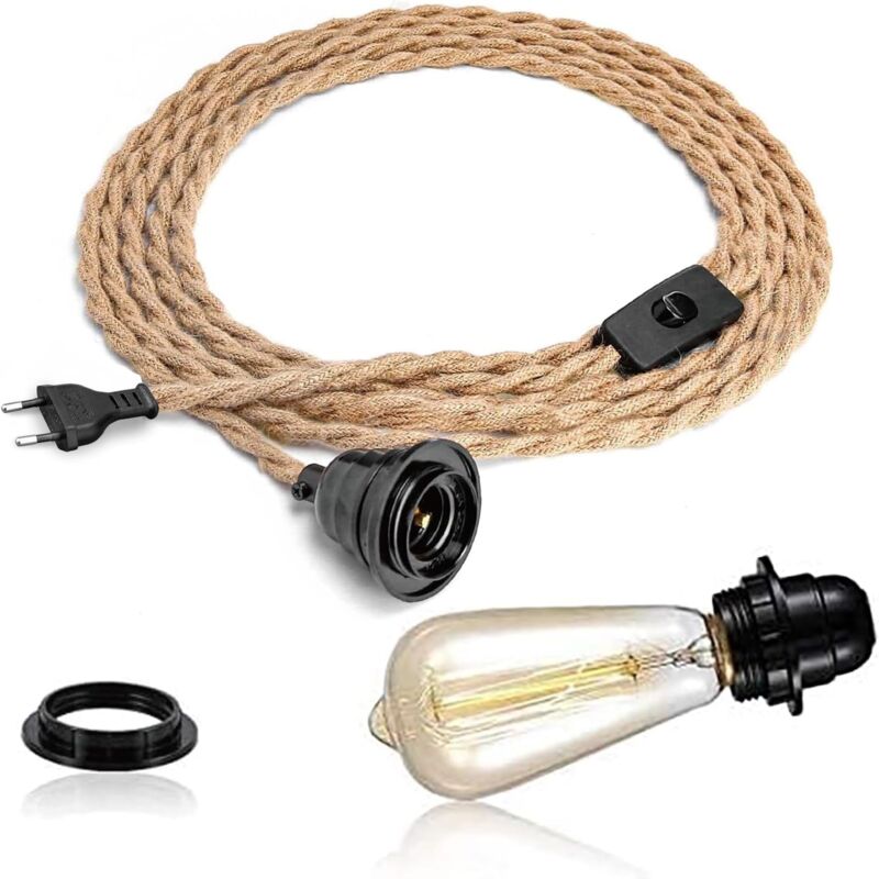 Soldes Lustre Corde de Chanvre 4,5m Câble Suspension Luminaire Compatible avec les abat-jour,Douille E27 avec Interrupteur,DIY Lampe Suspendue