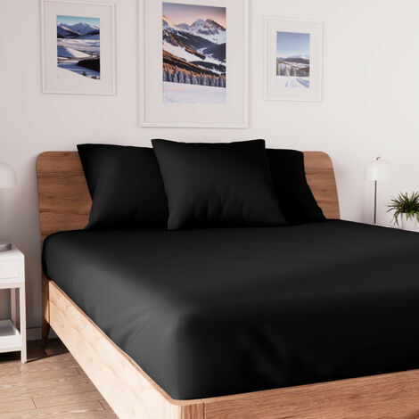 Soleil D Ocre – Drap housse jersey extensible 140x190 cm noir – 100% coton – Bonnet 25 cm extensible jusqu'à 32 cm – Conserve les couleurs après lavage