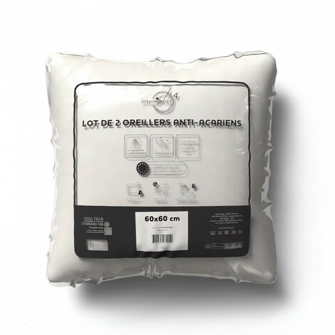 Soleil D Ocre – Lot de 2 oreillers anti-acarien 60x60 cm – Enveloppe en TNT – Garnissage 100 % polyester – Confort optimal pour chambres