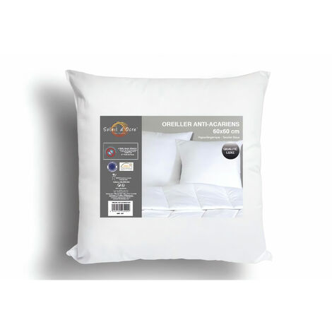 Soleil D Ocre – Oreiller carré anti-acarien LUXE 60x60 cm – Enveloppe 100% polyester microfibre – Garnissage 100% polyester fibre creuse siliconnée 650g
