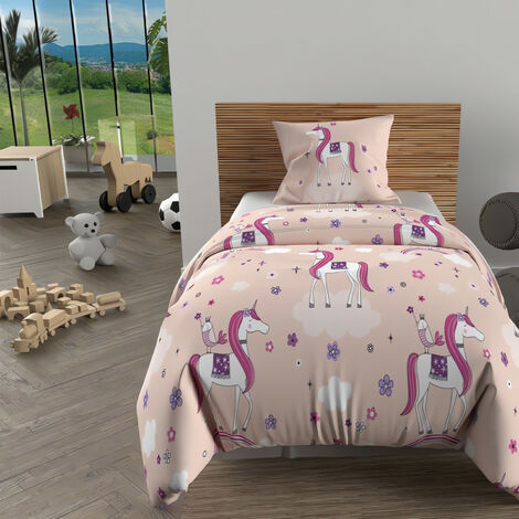 Soleil D Ocre – Parure de lit 140x200 cm licornes rose – 100% coton 57 fils/cm² – Impression colorée – Lavage en machine à 40°