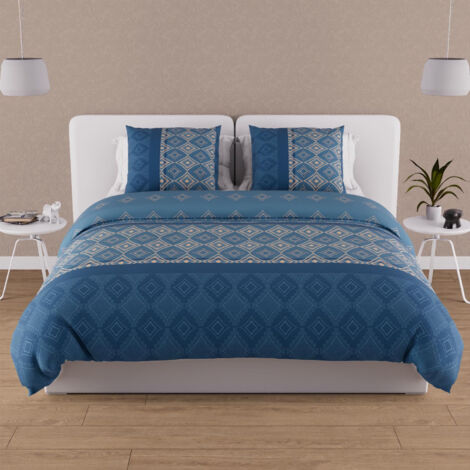 Soleil D Ocre – Parure de lit en coton 57 fils 240x220 cm – Design ethnique bleu et beige – Housse de couette et taies d'oreiller incluses