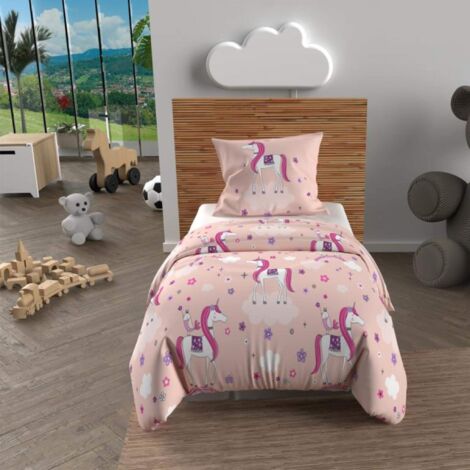 Soleil D Ocre – Parure de lit enfant licornes 120x150 cm – 100 % coton – Housse de couette avec rabat 40 cm – Taie d'oreiller 63x63 cm
