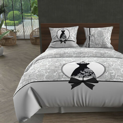 Soleil D Ocre – Parure de lit housse de couette 240x220 cm en coton 57 fils – Design romantique gris et noir – 2 taies d'oreiller 63x63 cm