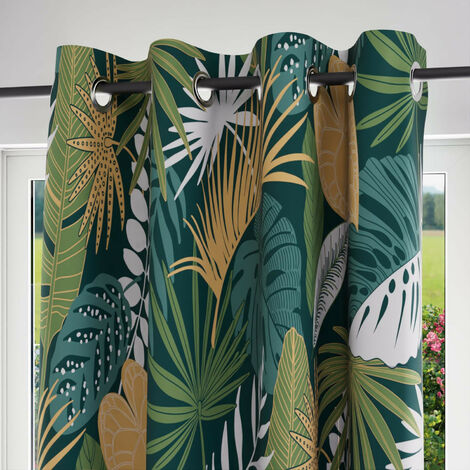 Soleil D Ocre – Rideau à oeillets 135x250 cm en coton half panama – Motif moderne vert et jaune – Finition anti-rouille pour durabilité
