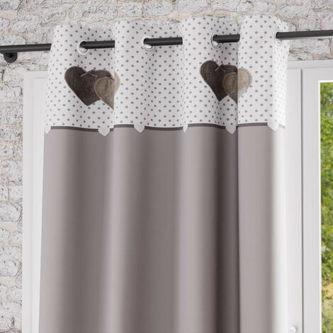 Soleil D Ocre – Rideau occultant 135x250 cm – 100% coton gris – 8 œillets en métal inoxydables – Décoratif avec patchs en forme de cœur
