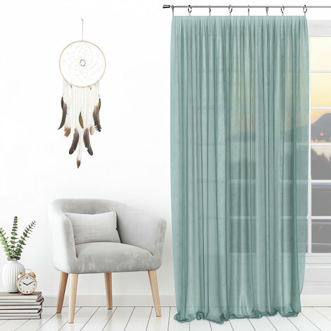 Soleil D Ocre – Voilage uni 135x250 cm – Effet froissé vert d'eau – 8 anneaux en acier inoxydable – Lavable à 30°C