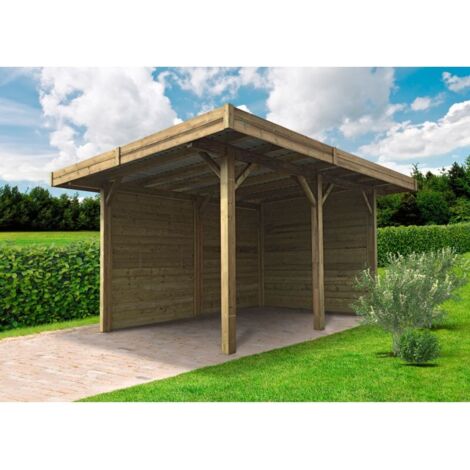 Solid – Carport 4064 x 5064 mm – Parois en bois de sapin certifié – Toit plat en métal – Largeur de passage 2700 mm – Hauteur 2718 mm