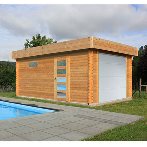 Solid – Garage en bois 17,02 m² – Dimensions extérieures 358 x 538 x 256 cm – Porte sectionnelle motorisée – Épaisseur murs 40 mm