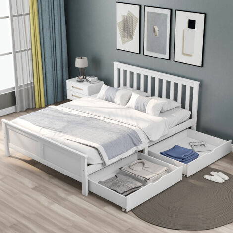 Solid White Pine Storage Bed with 2 Large Drawers - 4ft6 Double (190x135cm)  Space-Saving Kids/Adult Bed  Easy Assembly  Free UK Delivery