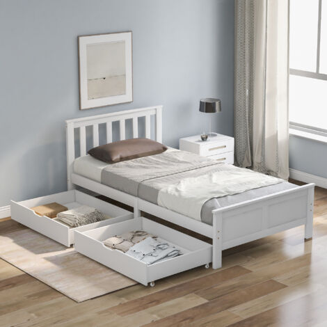 Solid White Pine Storage Bed with Drawers – 3ft Single (190x90cm), Classic Design for Adults, Kids & Teens
