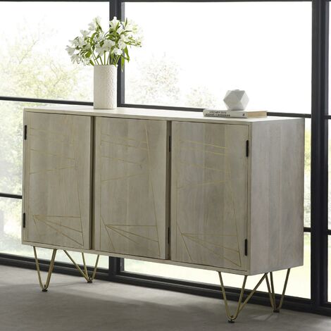 main image of "Solid Wood 3 Door Sideboard Living Room Storage Gold Metal Inlay Light Finish"