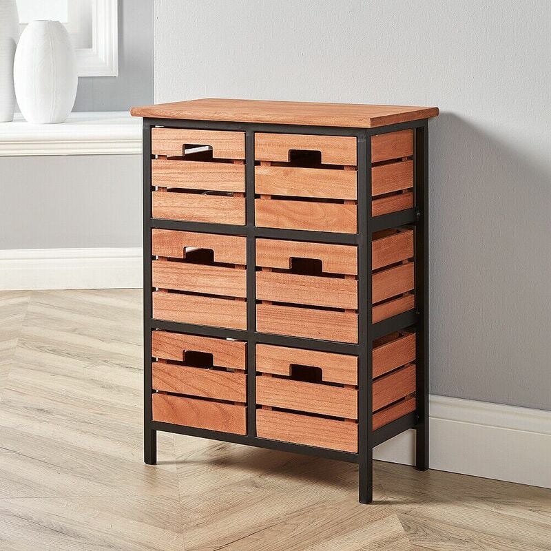 Solid Wood 6 Drawer Tall Chest Storage Unit Bedroom Office Organiser Metal Frame